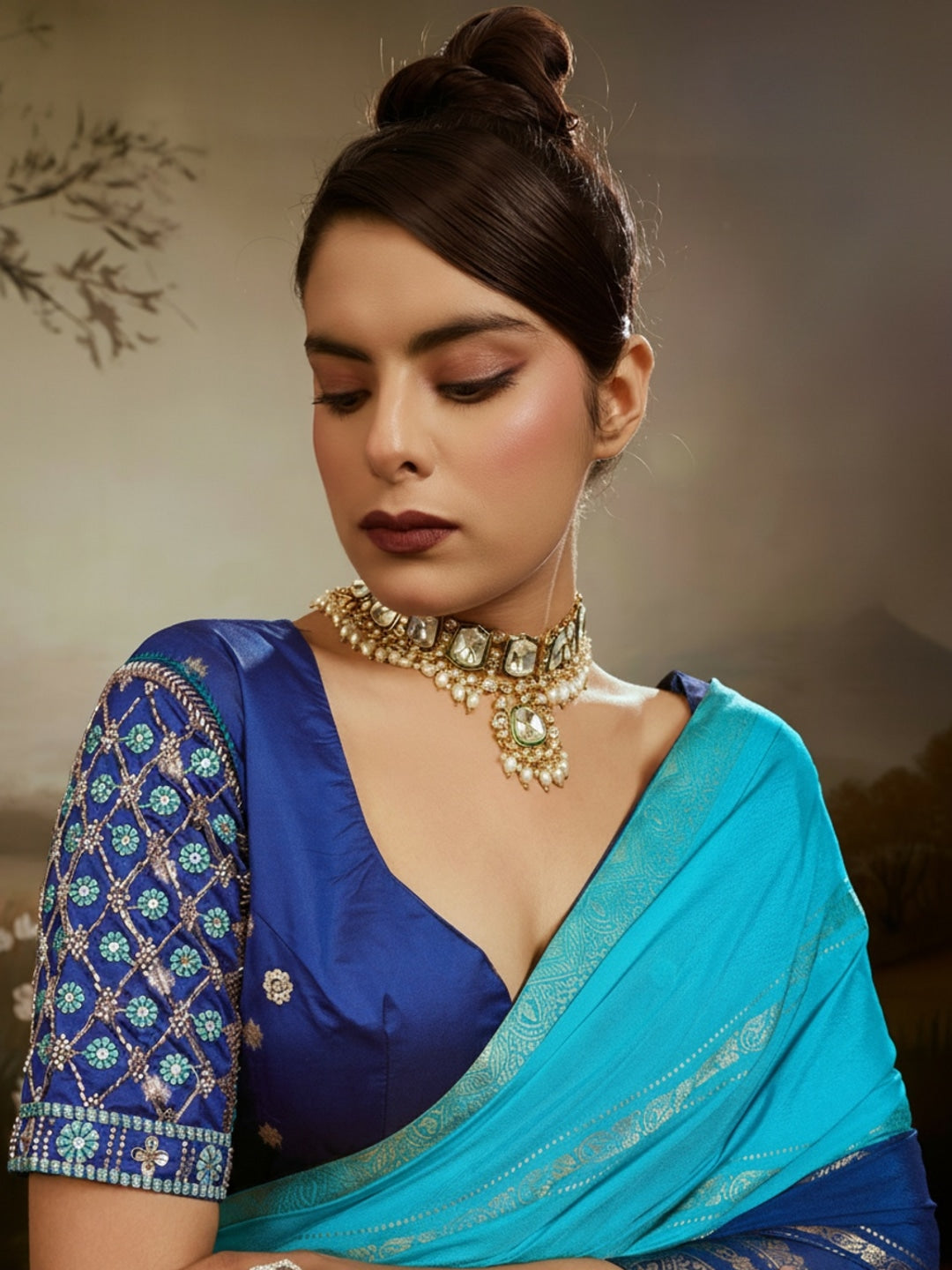 Peachmode Blue Soft Chiffon Ombre Saree with Zari Woven Pallu - Image 1