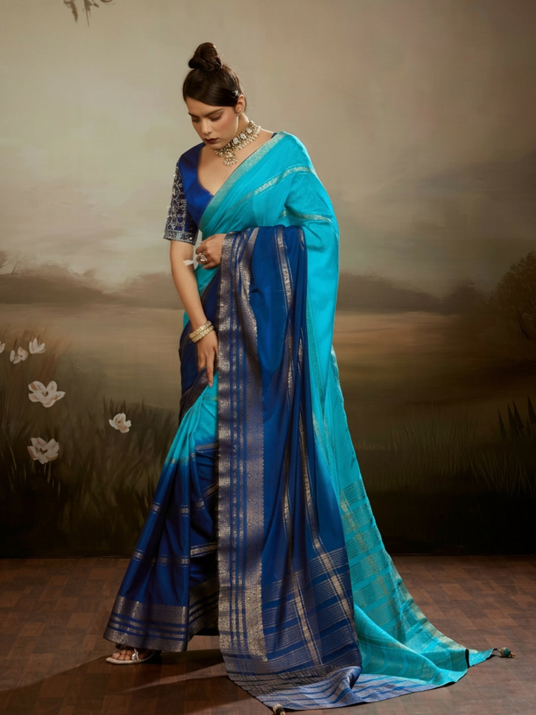Peachmode Blue Soft Chiffon Ombre Saree with Zari Woven Pallu - Image 2