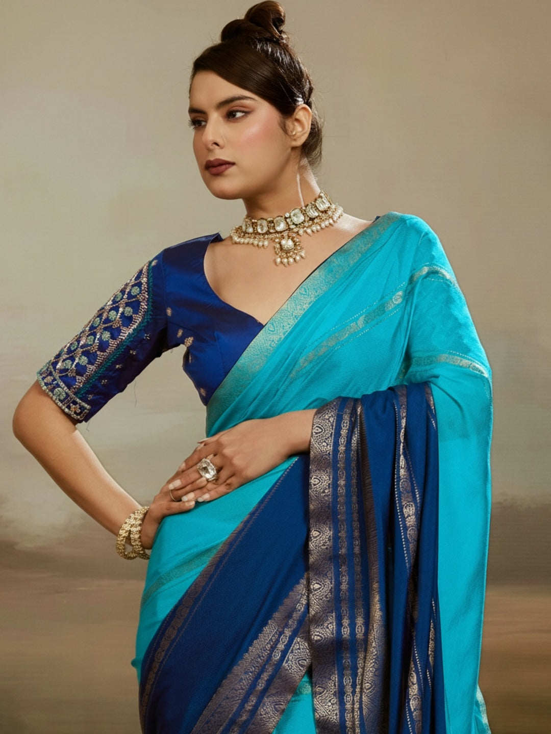 Peachmode Blue Soft Chiffon Ombre Saree with Zari Woven Pallu - Image 3