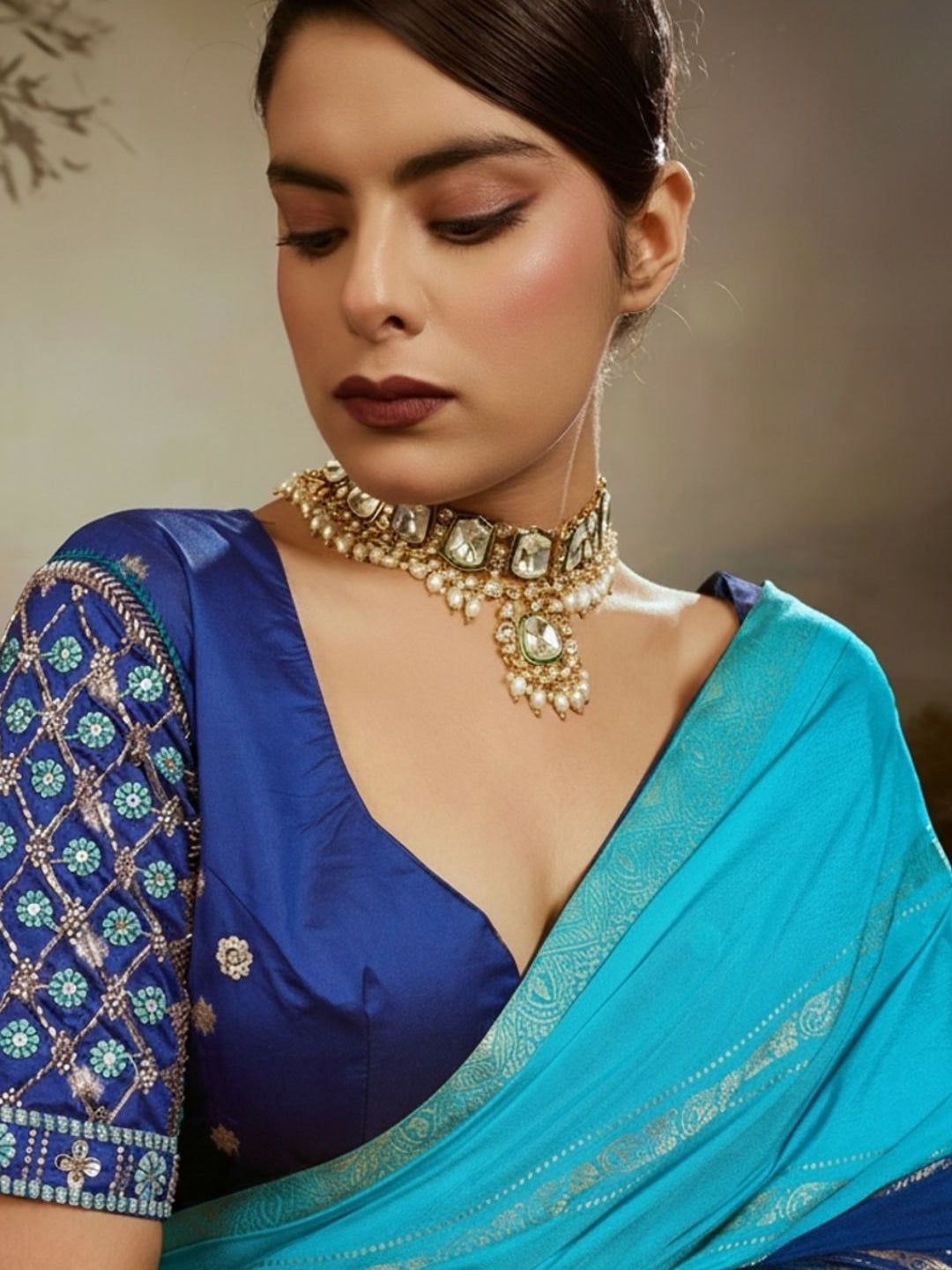Peachmode Blue Soft Chiffon Ombre Saree with Zari Woven Pallu - Image 4
