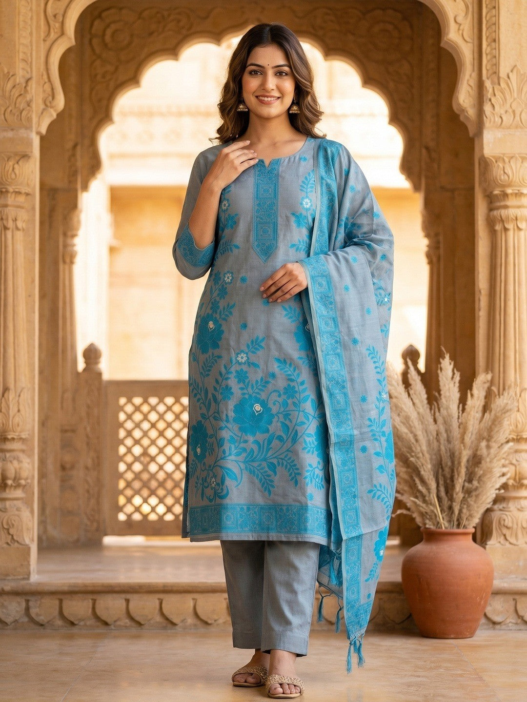 Designer Grey & Blue Muga Cotton Blend Jamdani Dress Material With Floral Zari Weaving - Image 2