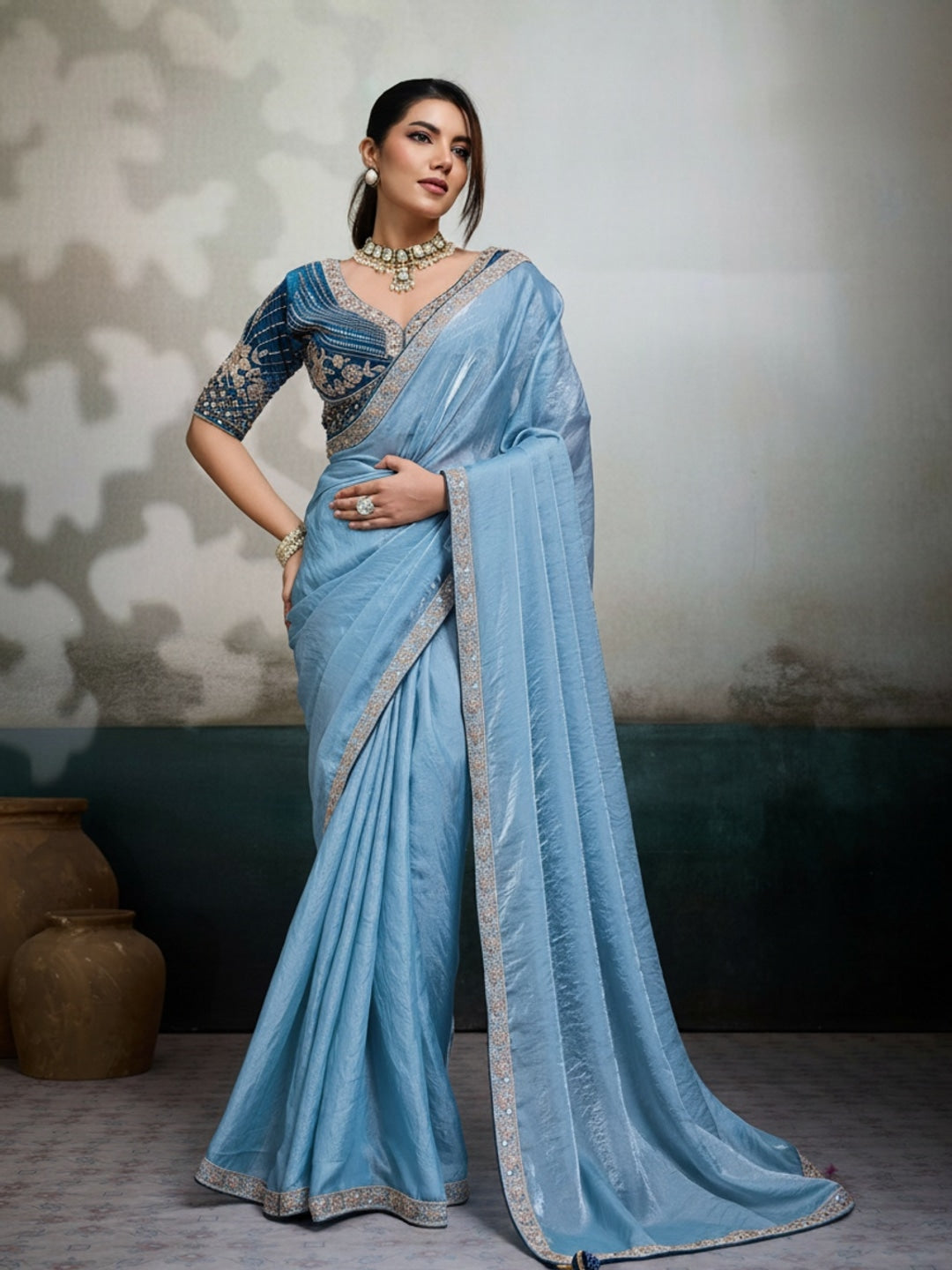 Peachmode Blue Velvet Satin Saree with Handwork Lace - Image 1