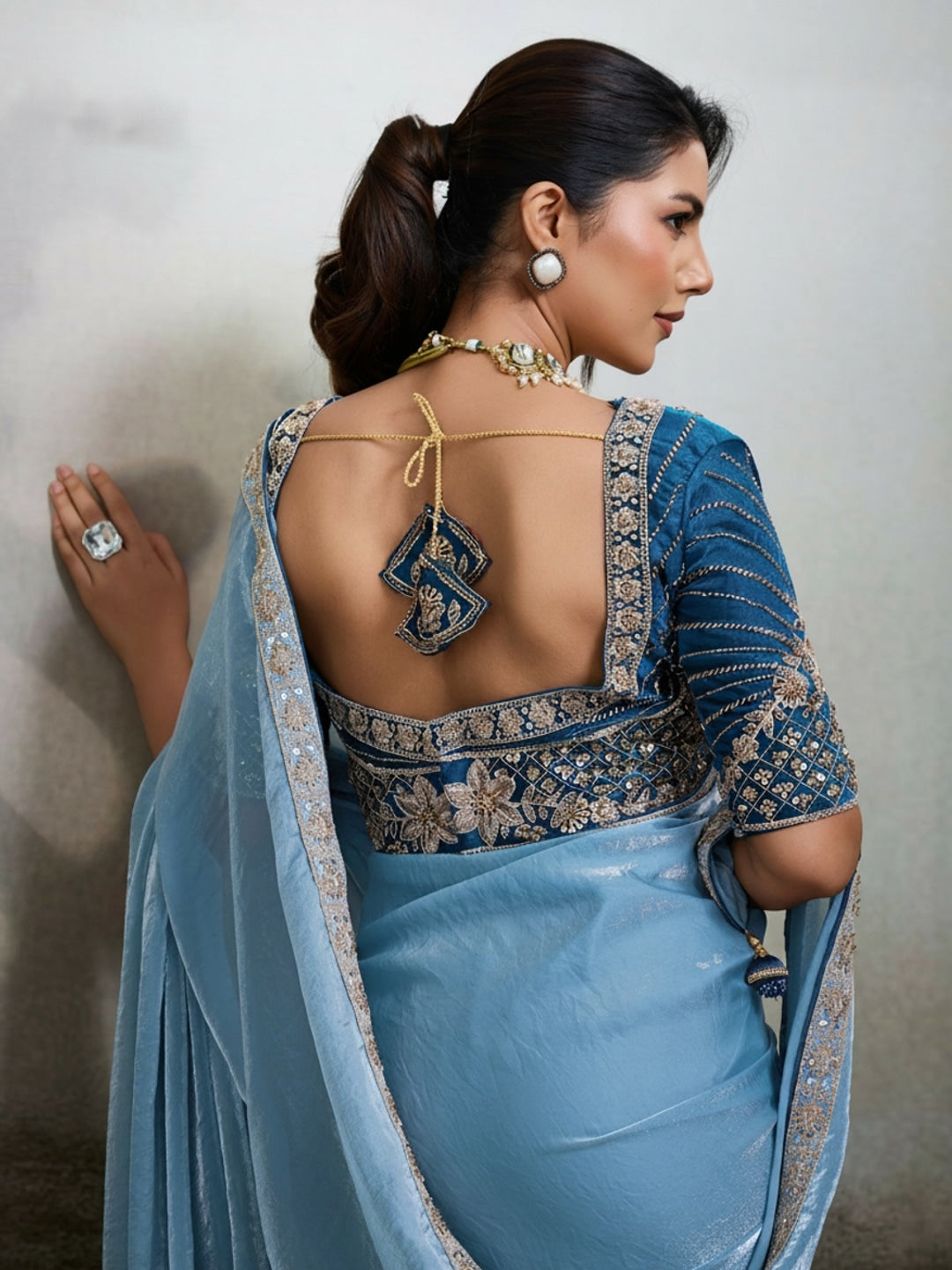 Peachmode Blue Velvet Satin Saree with Handwork Lace - Image 2