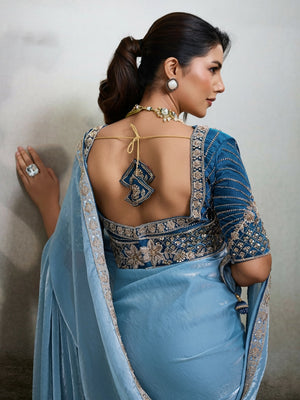 Peachmode Blue Velvet Satin Saree with Handwork Lace - Image 2