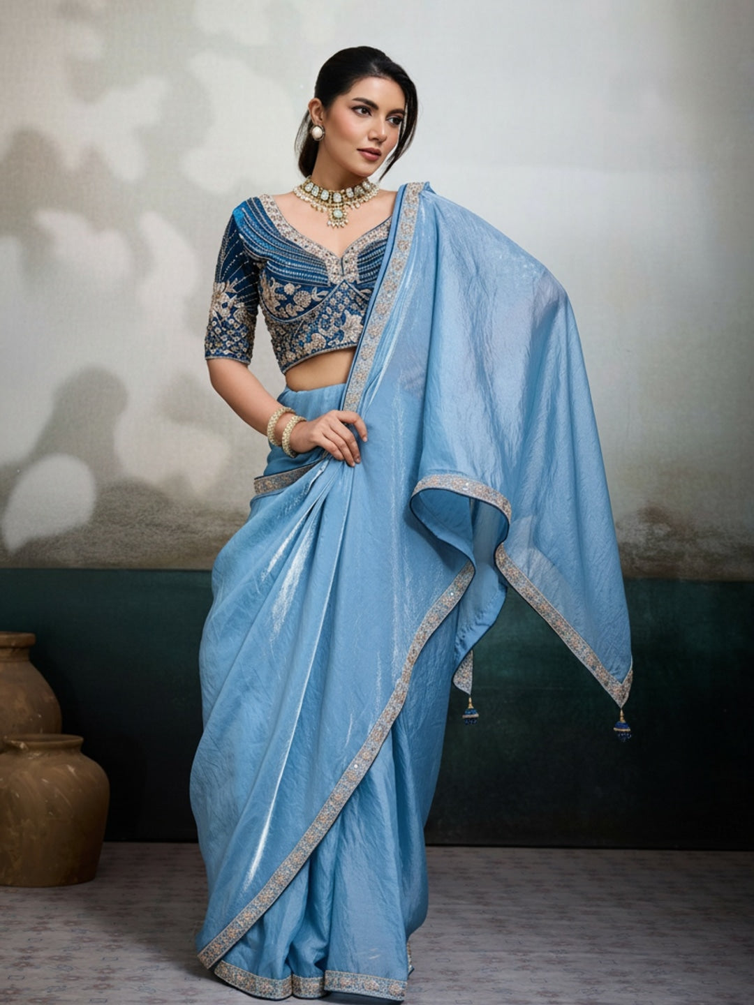 Peachmode Blue Velvet Satin Saree with Handwork Lace - Image 3
