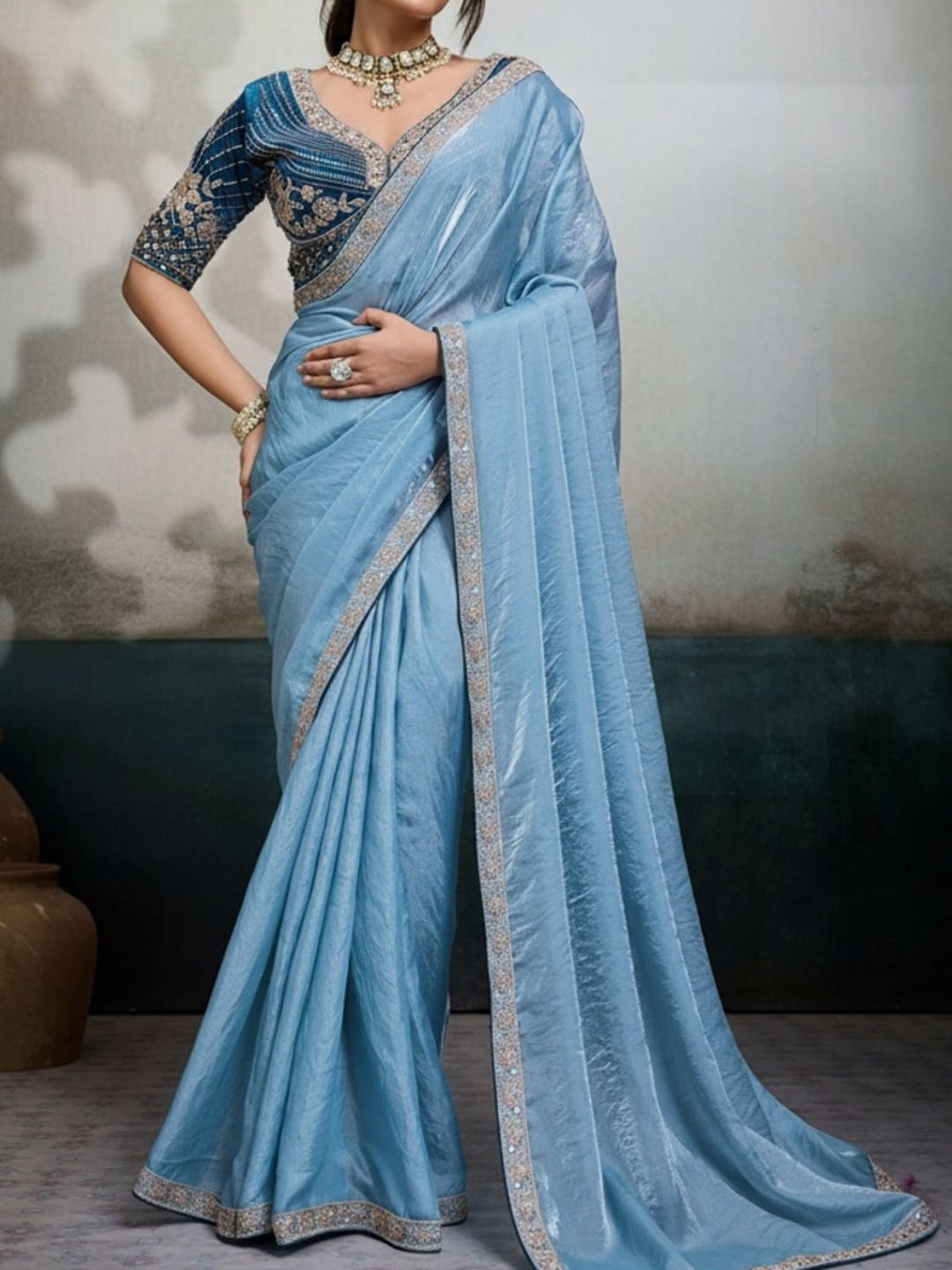 Peachmode Blue Velvet Satin Saree with Handwork Lace - Image 4