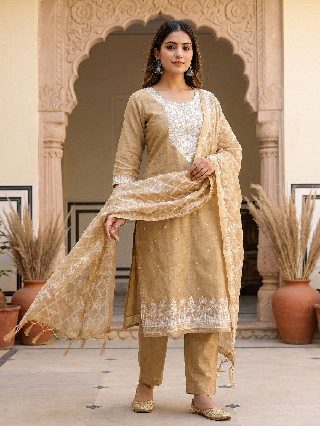 Elegant Cream Floral Zari Woven Muga Cotton Blend Jamdani Dress Material With Pichwai Design - Image 2