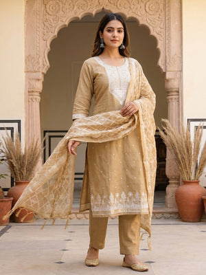 Elegant Cream Floral Zari Woven Muga Cotton Blend Jamdani Dress Material With Pichwai Design - Image 1