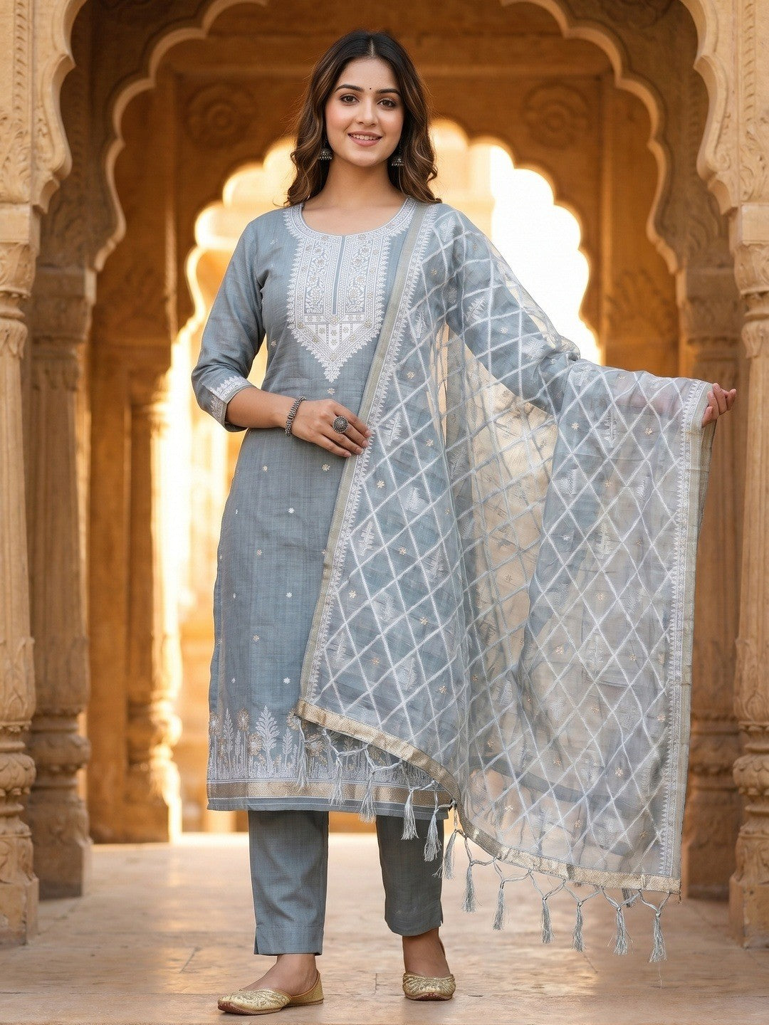 Elegant Grey Floral Zari Woven Muga Cotton Blend Jamdani Dress Material With Pichwai Design - Image 2