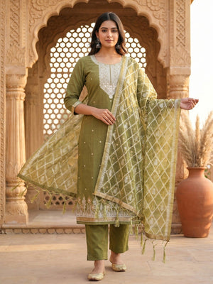 Elegant Mehendi Green Floral Zari Woven Muga Cotton Blend Jamdani Dress Material With Pichwai Design - Image 2