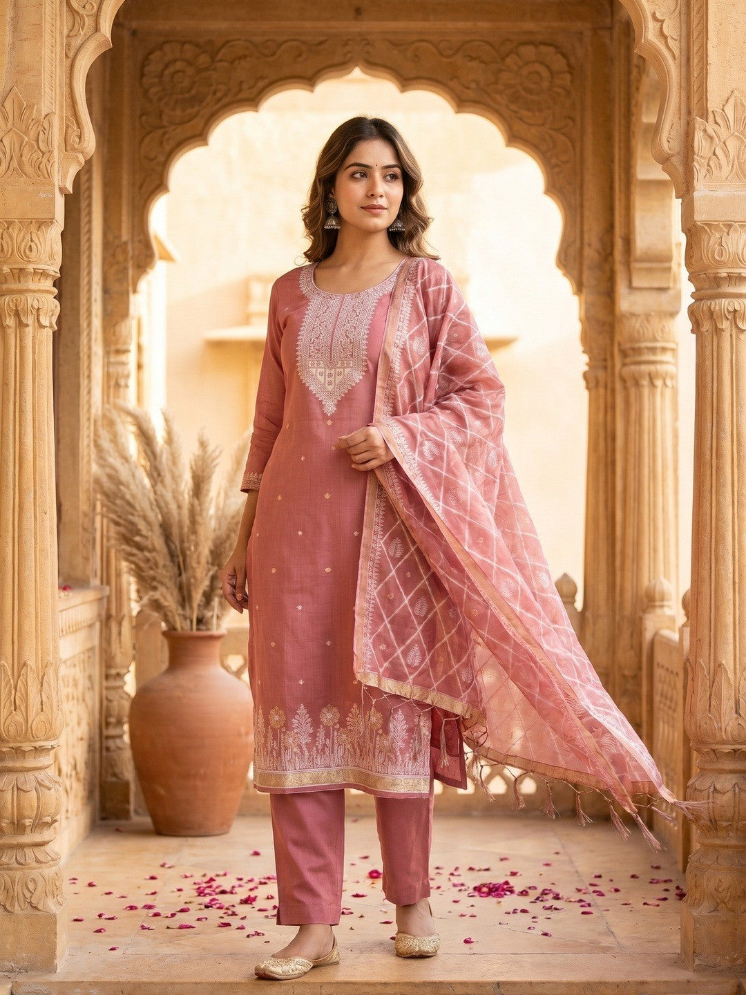Elegant Pink Floral Zari Woven Muga Cotton Blend Jamdani Dress Material With Pichwai Design - Image 2