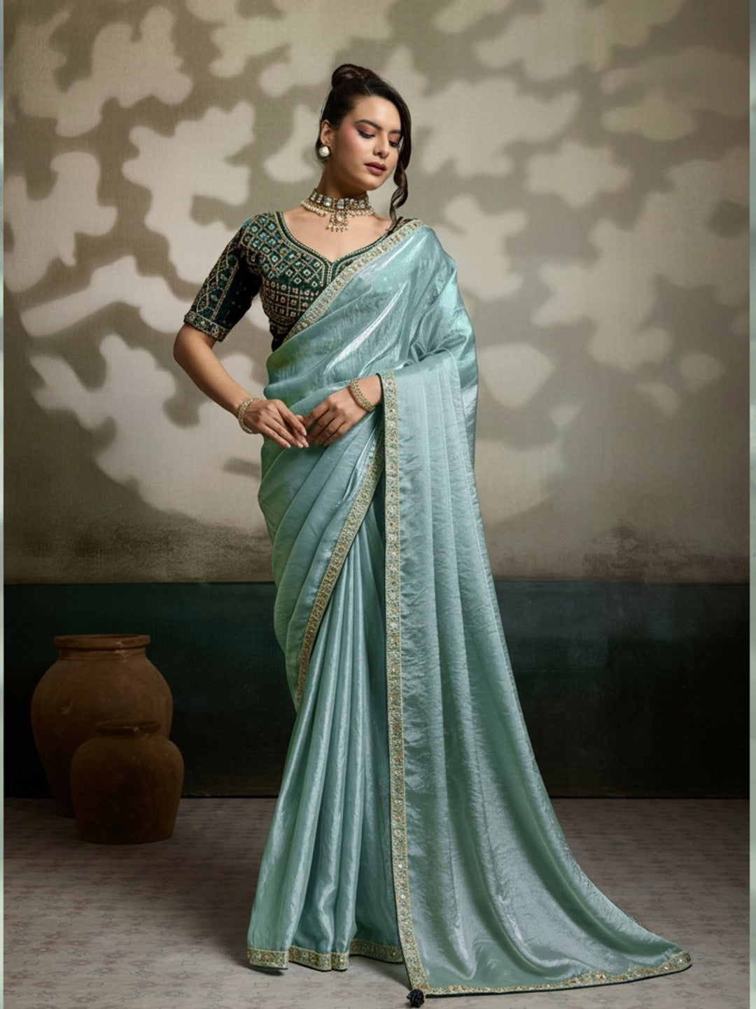 Peachmode Silver Velvet Satin Saree with Handwork Lace - Image 1