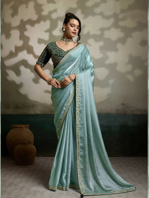 Peachmode Silver Velvet Satin Saree with Handwork Lace - Image 1