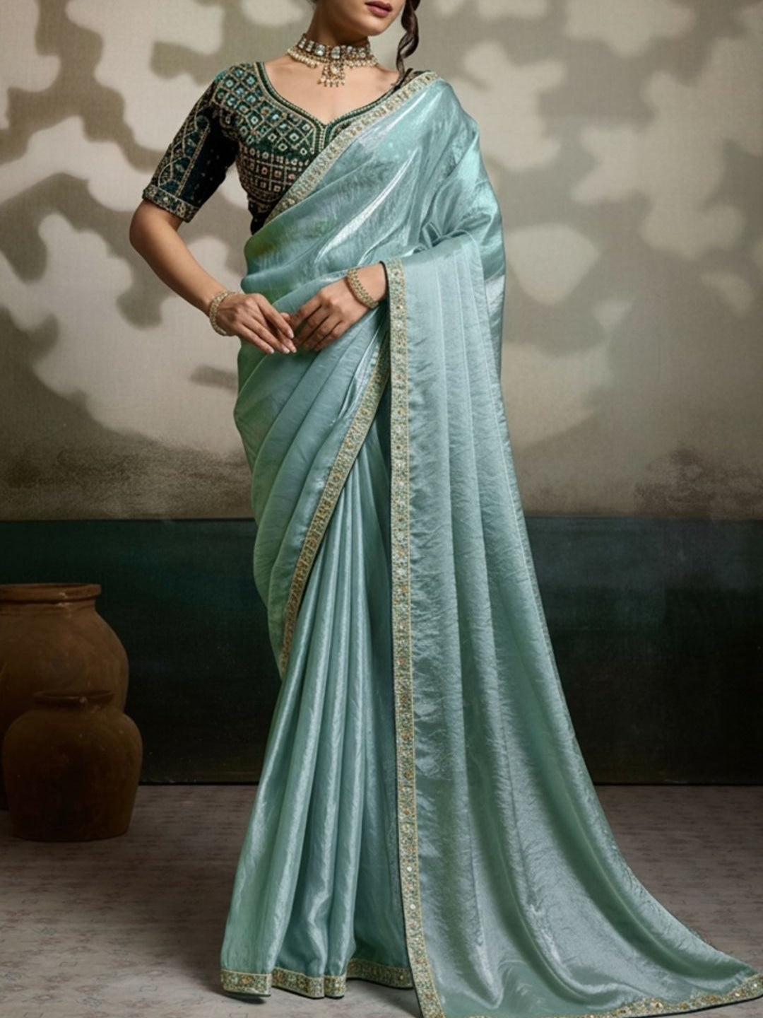 Peachmode Silver Velvet Satin Saree with Handwork Lace - Image 4