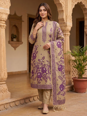 Designer Chikoo Muga Cotton Blend Jamdani Dress Material With Floral Zari Weaving - Image 1