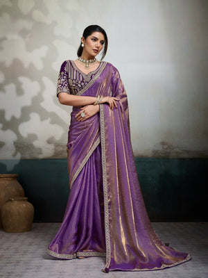 Peachmode Purple Velvet Satin Saree with Handwork Lace - Image 1