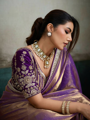 Peachmode Purple Velvet Satin Saree with Handwork Lace - Image 2