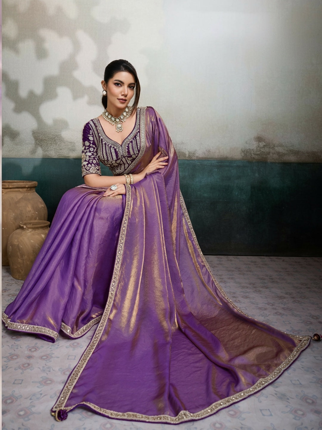 Peachmode Purple Velvet Satin Saree with Handwork Lace - Image 3