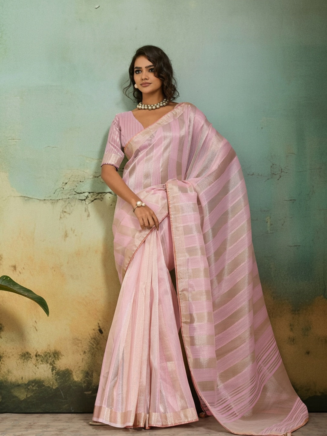 Peachmode Pink Cotton Silk Blend Saree with Zari Striped Weaving - Image 1