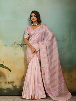Peachmode Pink Cotton Silk Blend Saree with Zari Striped Weaving - Image 1