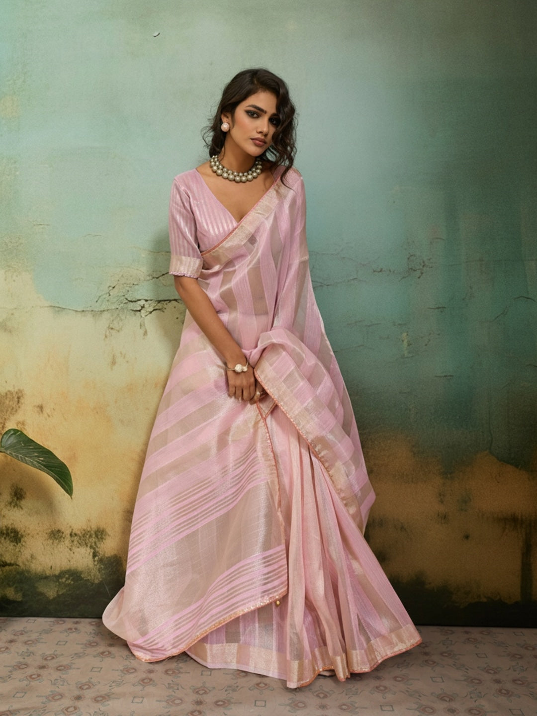 Peachmode Pink Cotton Silk Blend Saree with Zari Striped Weaving - Image 3
