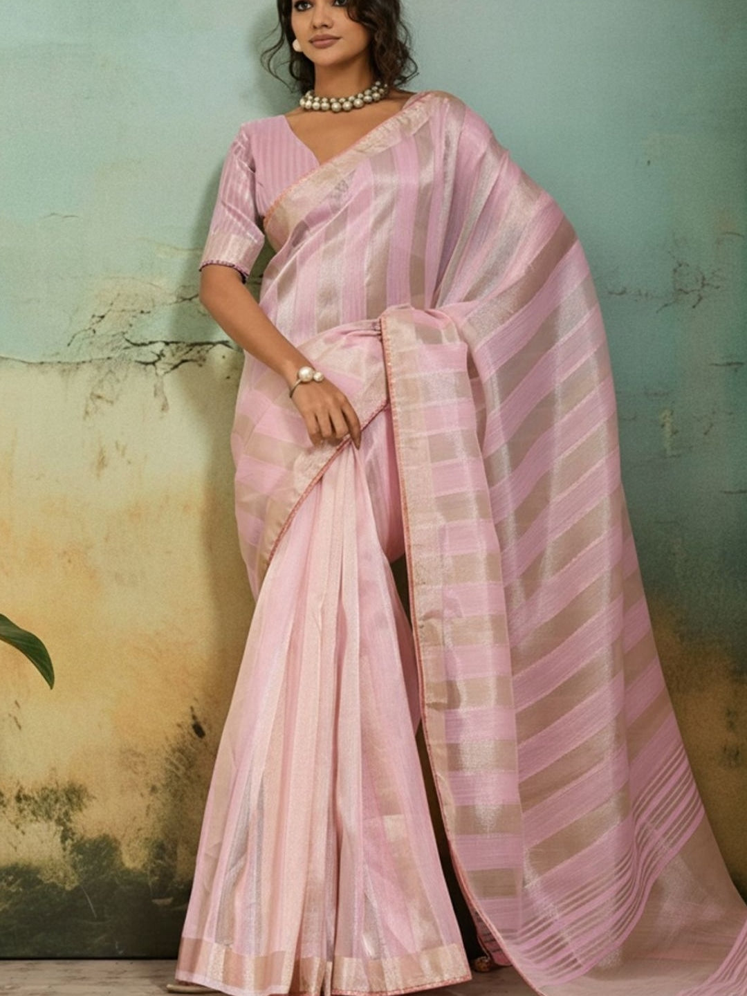 Peachmode Pink Cotton Silk Blend Saree with Zari Striped Weaving - Image 4