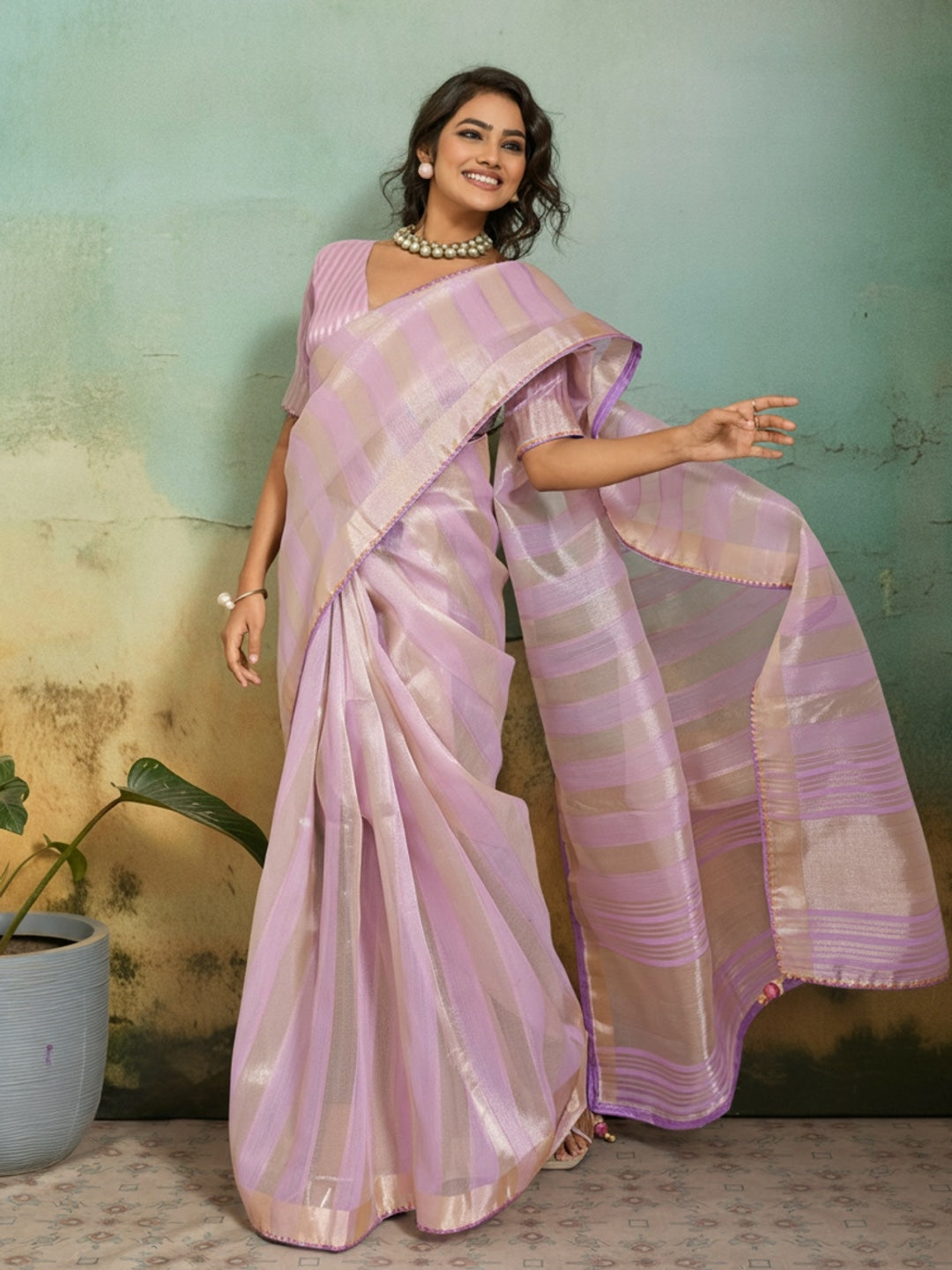 Peachmode Pink Cotton Silk Blend Saree with Zari Striped Weaving - Image 1