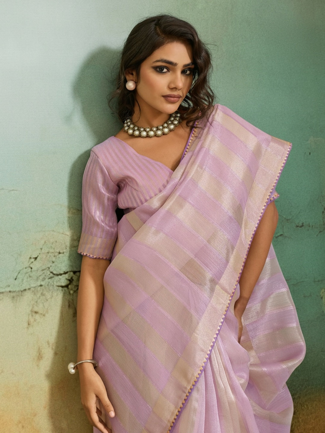 Peachmode Pink Cotton Silk Blend Saree with Zari Striped Weaving - Image 2