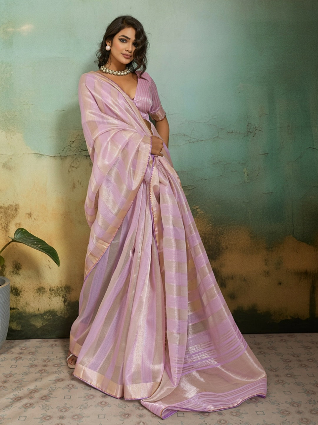 Peachmode Pink Cotton Silk Blend Saree with Zari Striped Weaving - Image 3
