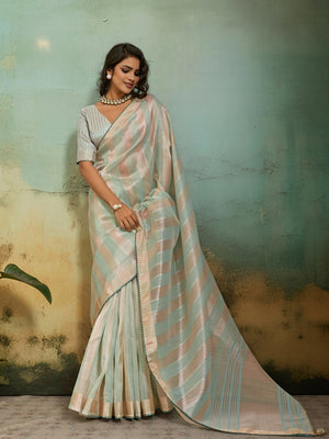 Peachmode Cream Cotton Silk Blend Saree with Zari Striped Weaving - Image 1
