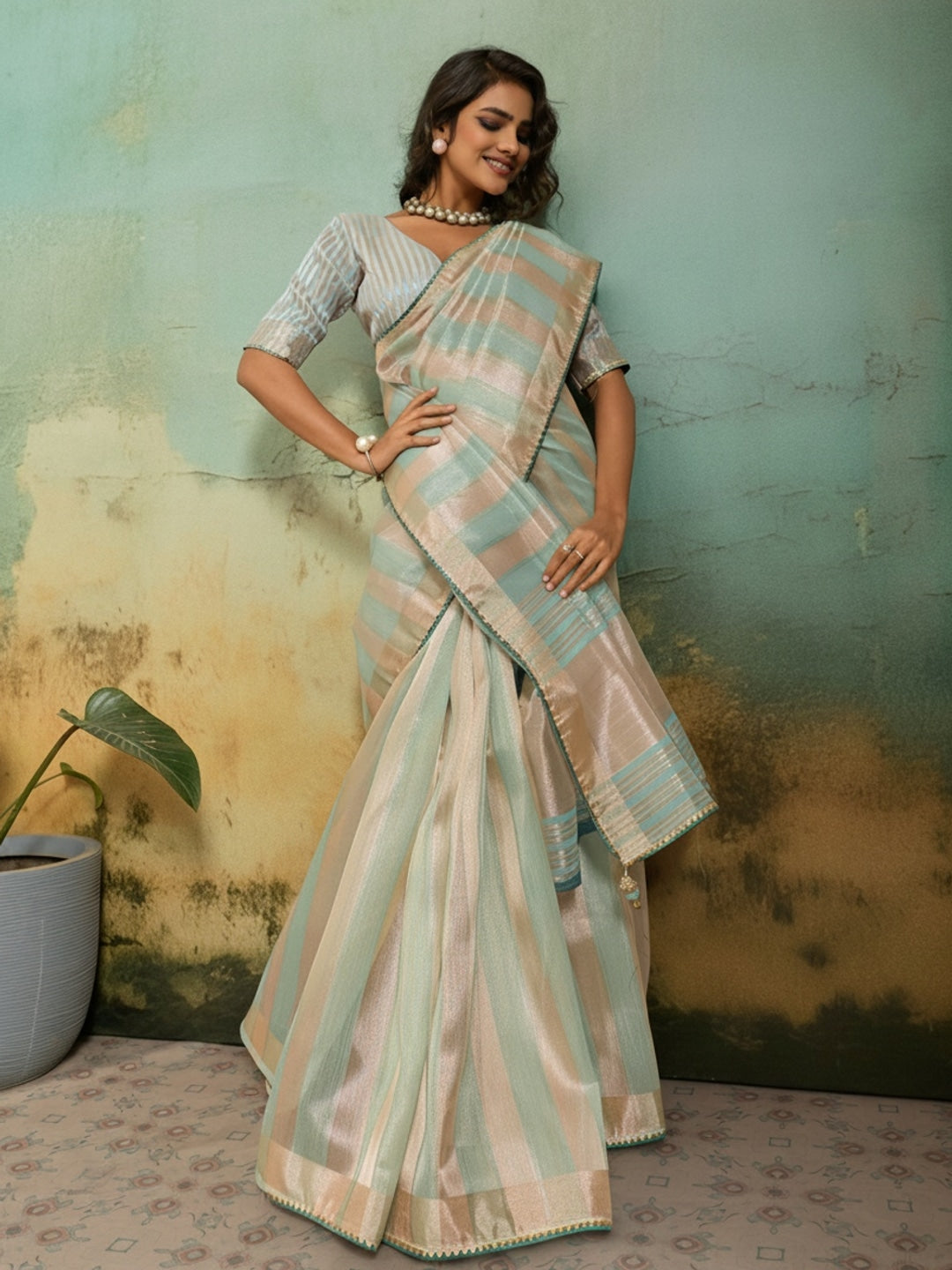 Peachmode Cream Cotton Silk Blend Saree with Zari Striped Weaving - Image 3