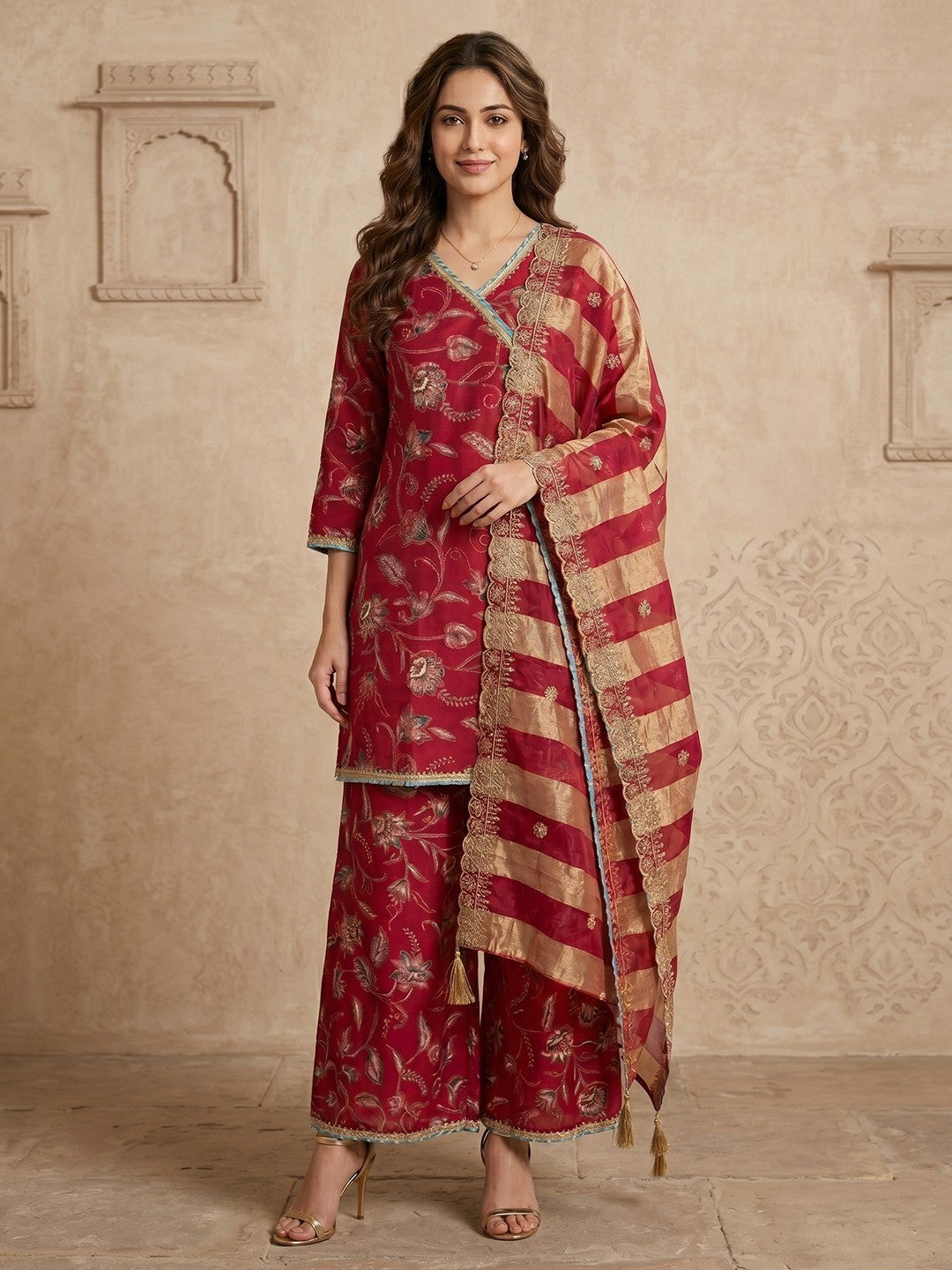 Pink Floral Printed Viscose Blend Palazzo Salwar Suit Elegant Ethnic Wear - Image 1