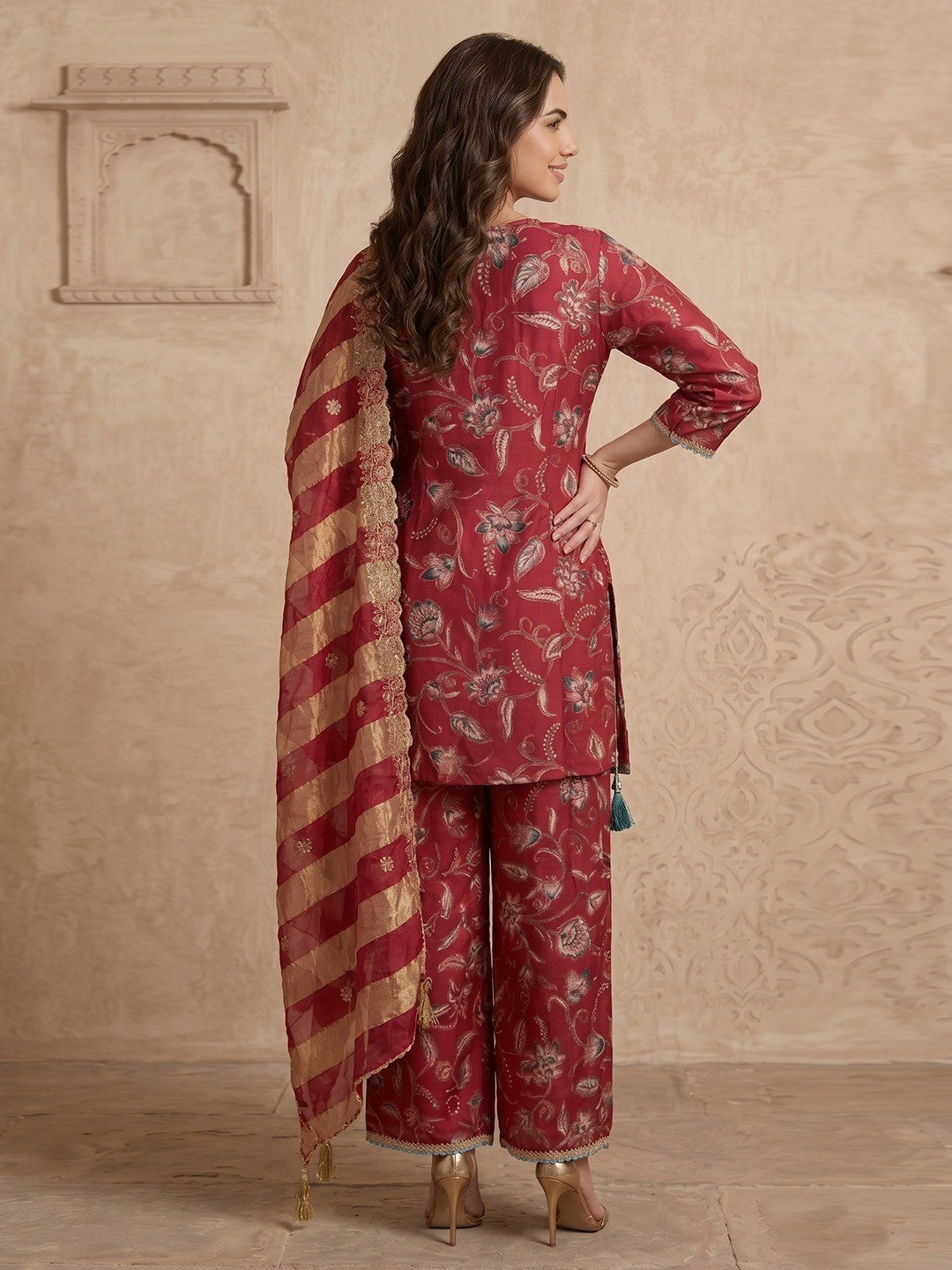 Pink Floral Printed Viscose Blend Palazzo Salwar Suit Elegant Ethnic Wear - Image 3