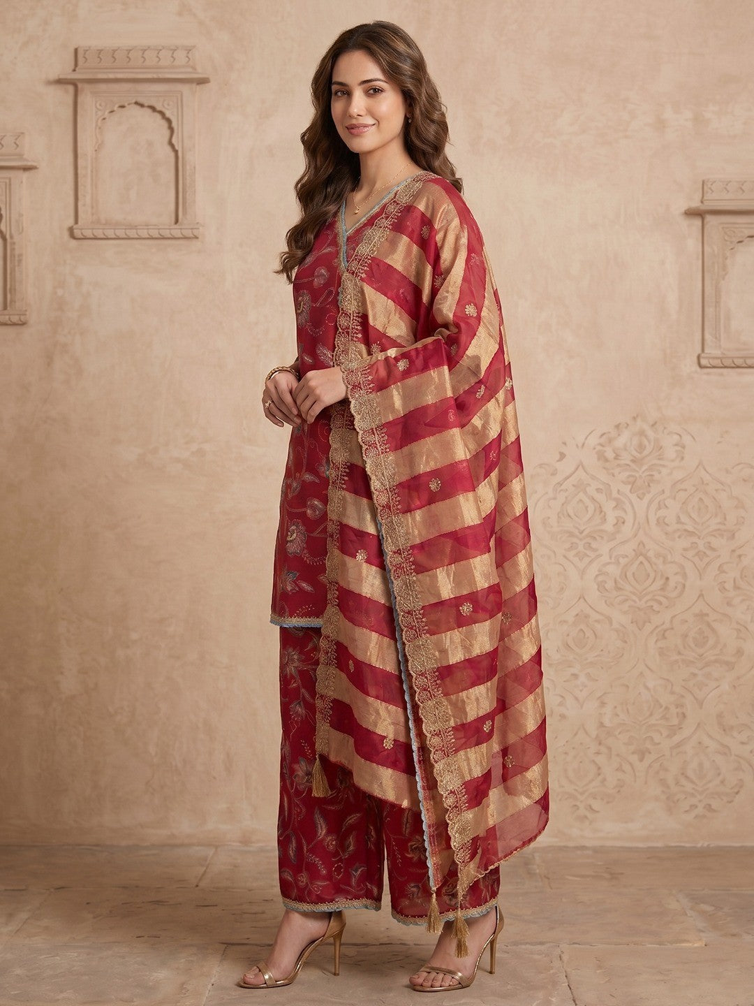 Pink Floral Printed Viscose Blend Palazzo Salwar Suit Elegant Ethnic Wear - Image 4