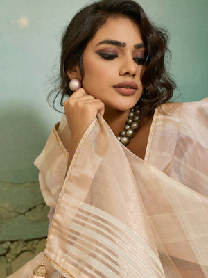 Peachmode Beige Cotton Silk Blend Saree with Zari Striped Weaving - Image 1