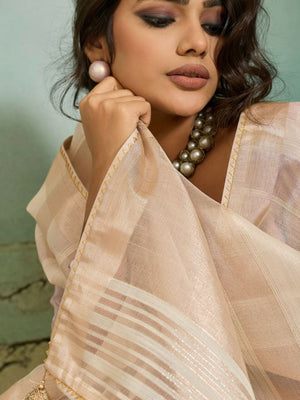 Peachmode Beige Cotton Silk Blend Saree with Zari Striped Weaving - Image 2