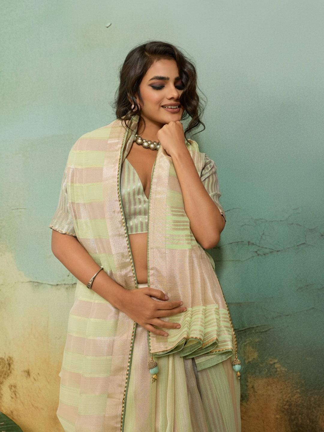 Peachmode Cream Cotton Silk Blend Saree with Zari Striped Weaving - Image 1