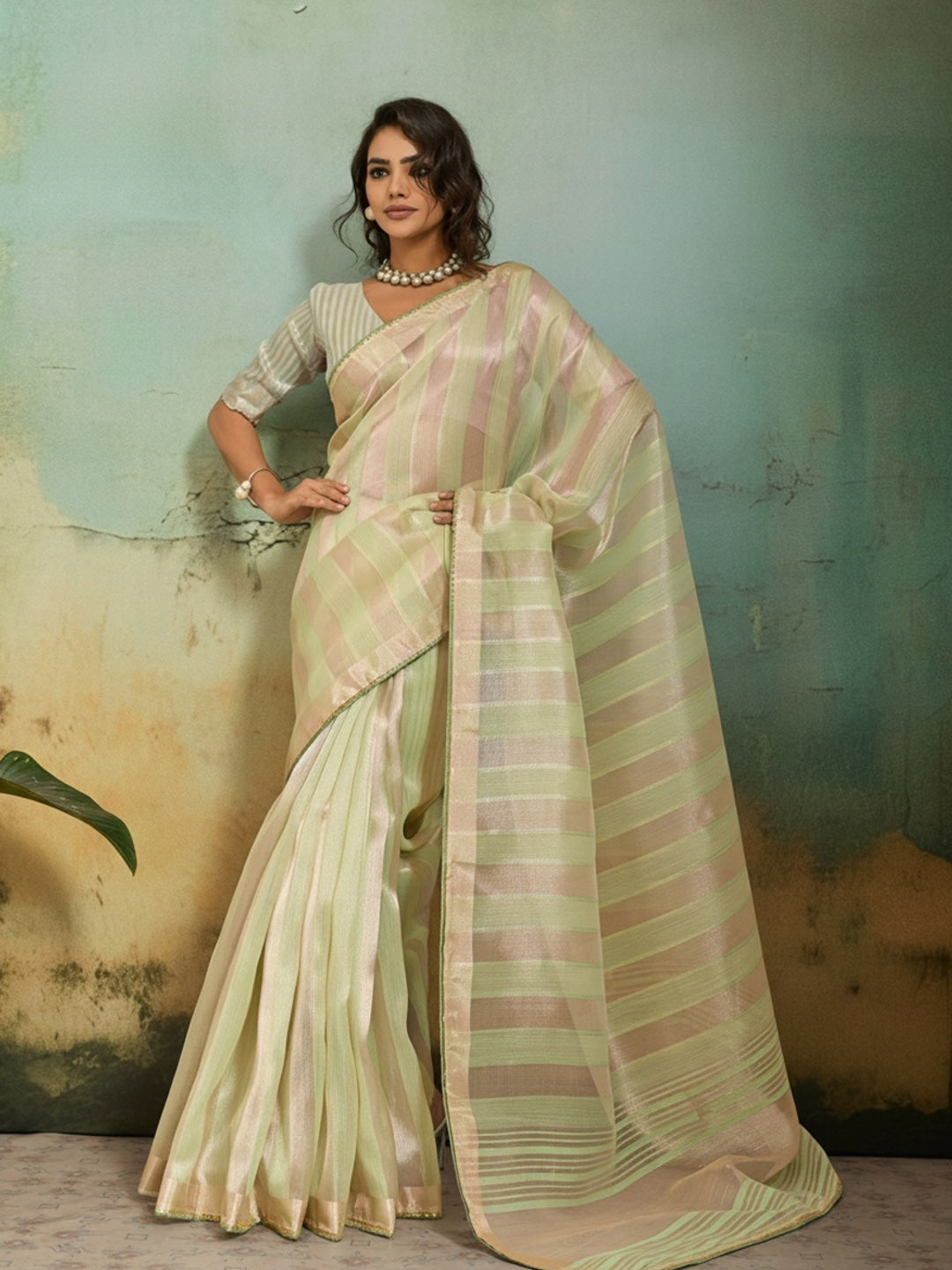 Peachmode Cream Cotton Silk Blend Saree with Zari Striped Weaving - Image 2