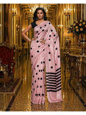 Stylish Pink Polka Dot Printed Work Silk Crepe Saree With Contrast Striped Pallu - Image 1