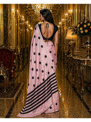 Stylish Pink Polka Dot Printed Work Silk Crepe Saree With Contrast Striped Pallu - Image 2