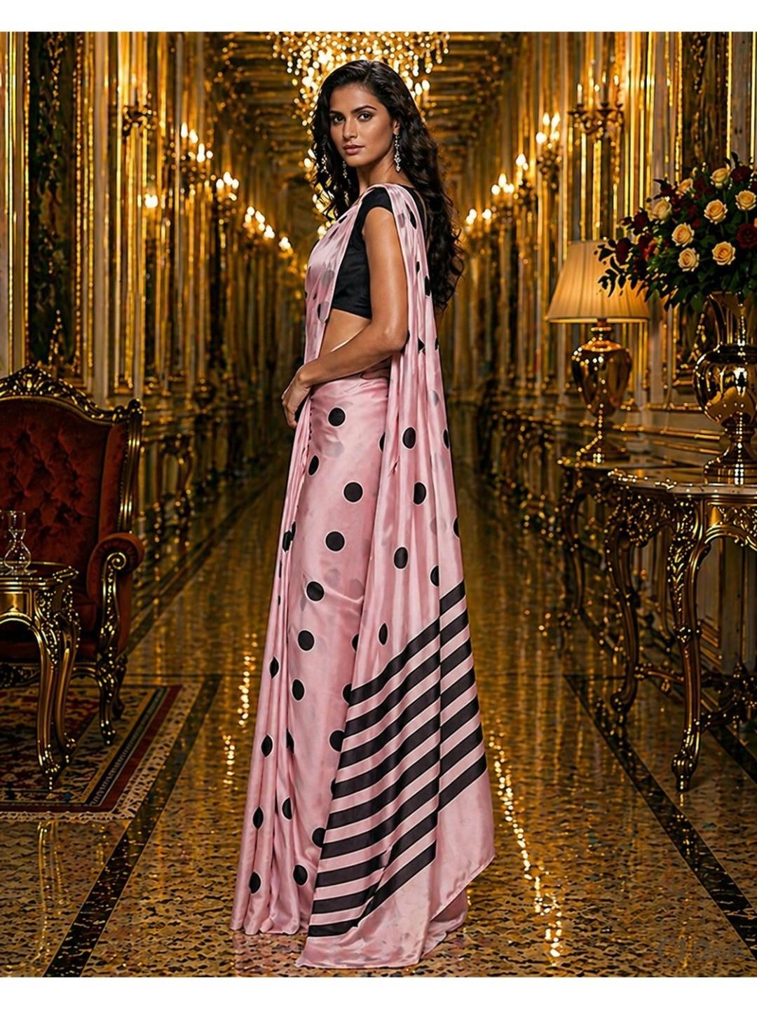 Stylish Pink Polka Dot Printed Work Silk Crepe Saree With Contrast Striped Pallu - Image 3