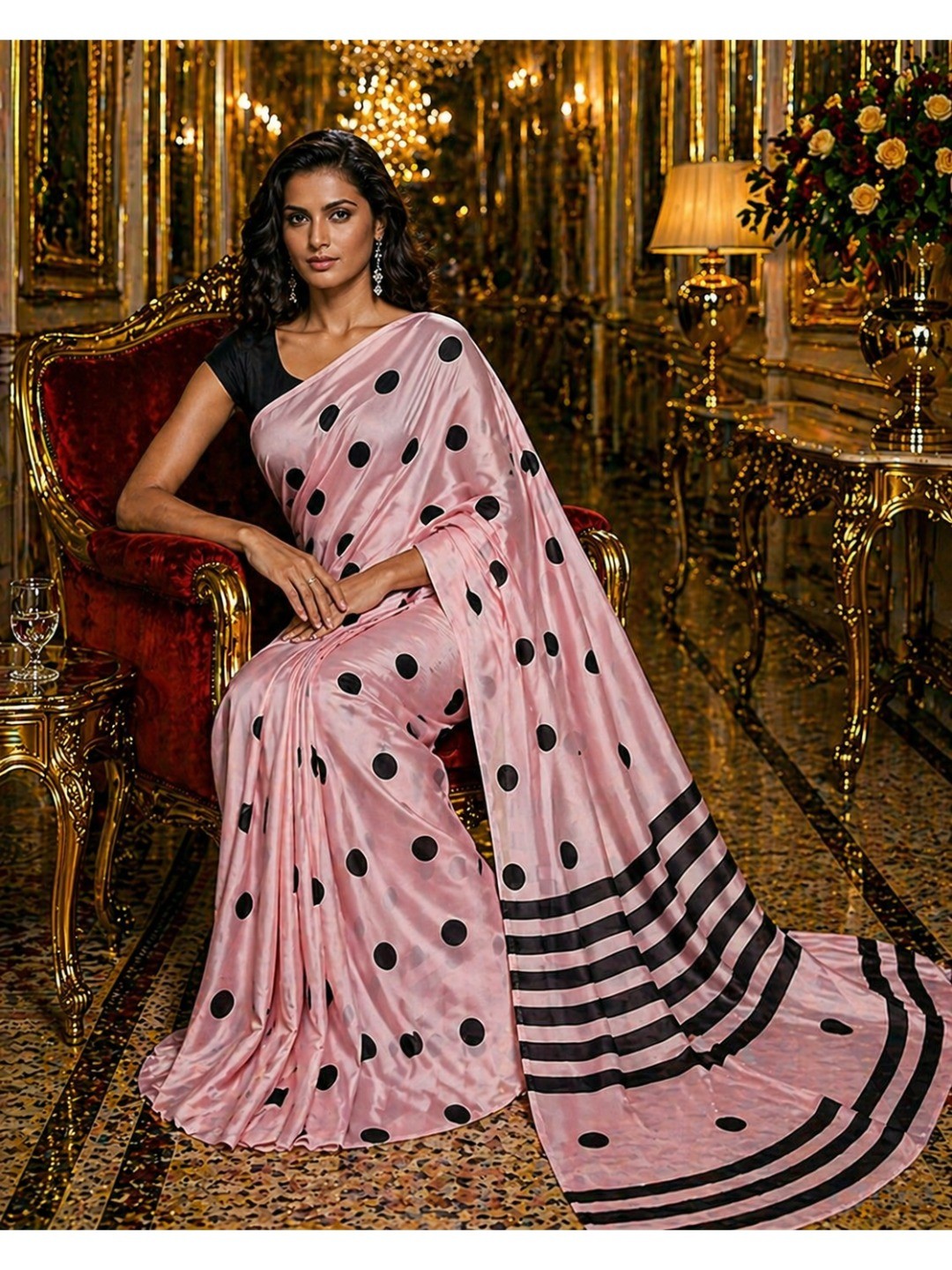Stylish Pink Polka Dot Printed Work Silk Crepe Saree With Contrast Striped Pallu - Image 4