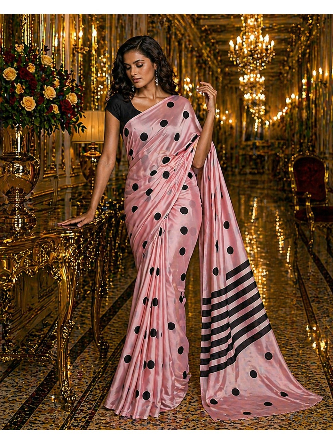 Stylish Pink Polka Dot Printed Work Silk Crepe Saree With Contrast Striped Pallu - Image 5