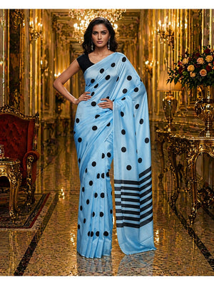 Stylish Blue Polka Dot Printed Work Silk Crepe Saree With Contrast Striped Pallu - Image 1