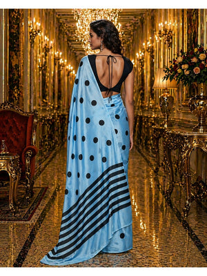Stylish Blue Polka Dot Printed Work Silk Crepe Saree With Contrast Striped Pallu - Image 2