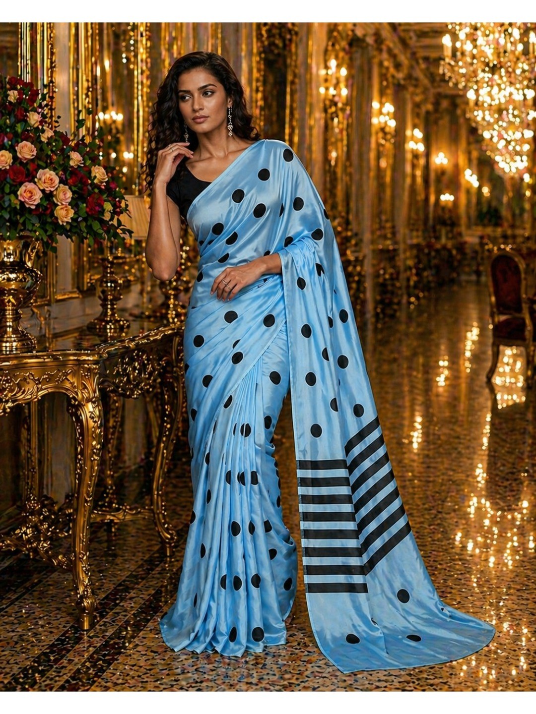 Stylish Blue Polka Dot Printed Work Silk Crepe Saree With Contrast Striped Pallu - Image 5