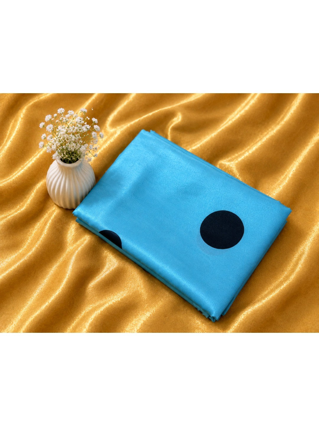 Stylish Blue Polka Dot Printed Work Silk Crepe Saree With Contrast Striped Pallu - Image 6