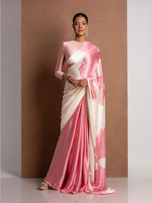 Elegant Pink Floral & Abstract Digital Printed Satin Saree For Contemporary Grace - Image 1