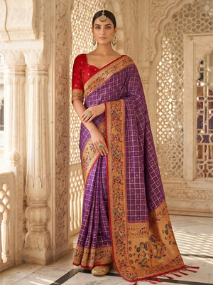 Premium Purple Check Motif Weaving Banarasi Silk Saree With Decorative Border & Pallu - Image 1