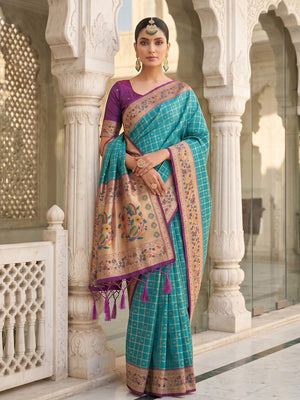 Premium Turquoise Check Motif Weaving Banarasi Silk Saree With Decorative Border & Pallu - Image 1